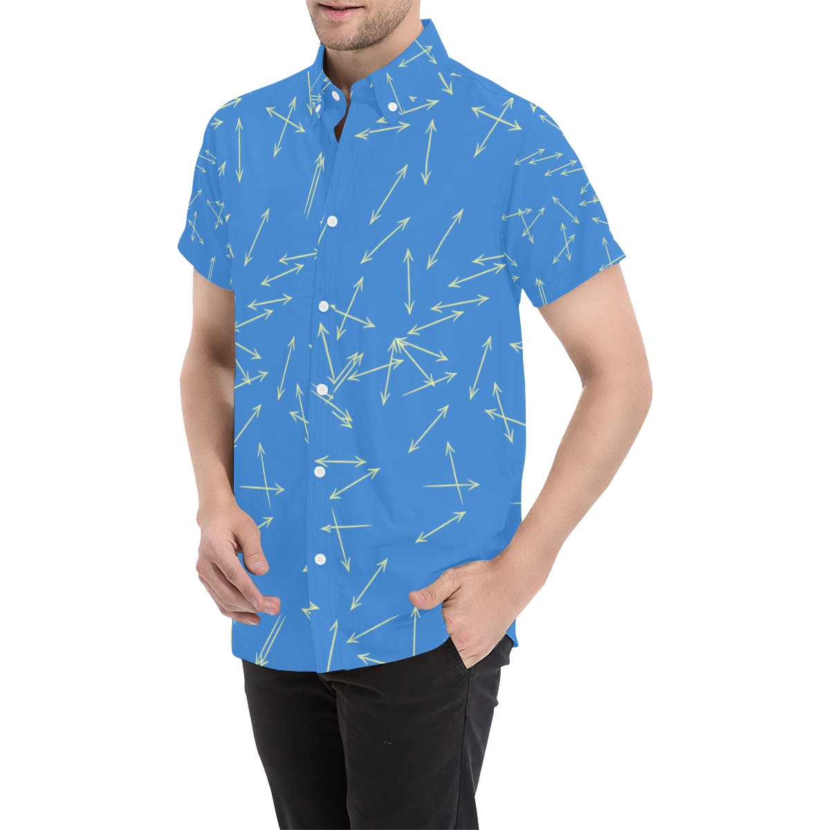 Arrows Every Direction Yellow on Blue Men's All Over Print Short Sleeve Shirt (Model T53)
