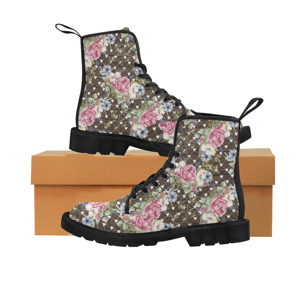 Sweet Rose Boots, Polka Heart Martin Boots for Women (Black) (Model 1203H)