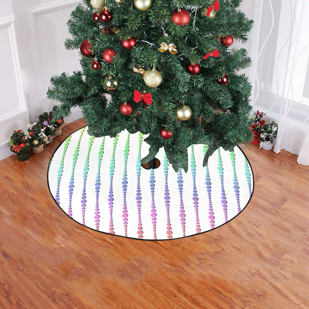 1960s Mod Rainbow Lined Dots on White Christmas Tree Skirt 47" x 47"