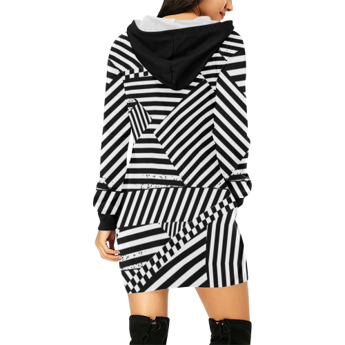 Black White Stripes and Checkerboard All Over Print Hoodie Mini Dress (Model H27)