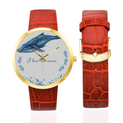 PiccoGrandes I_love the ocean blue-white Women's Golden Leather Strap Watch(Model 212)
