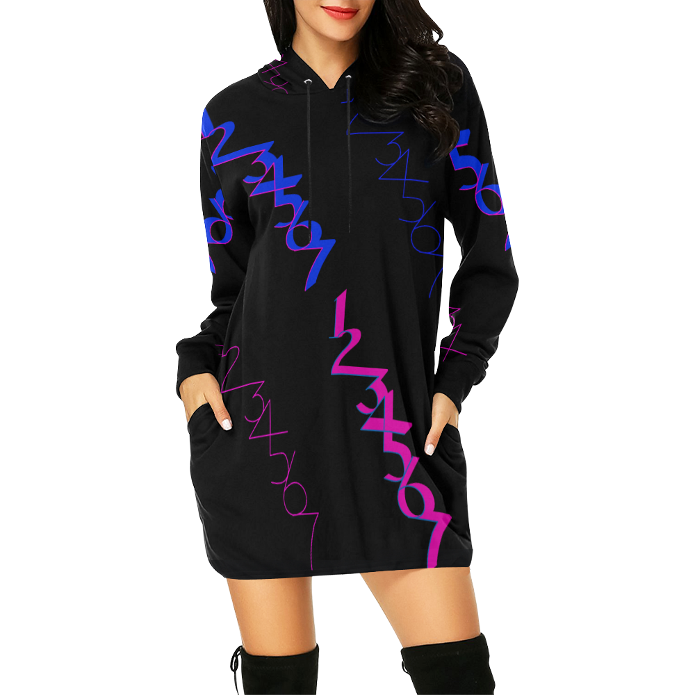 NUMBERS Collection 1234567 Quatro Black/Blue/Pink All Over Print Hoodie Mini Dress (Model H27)