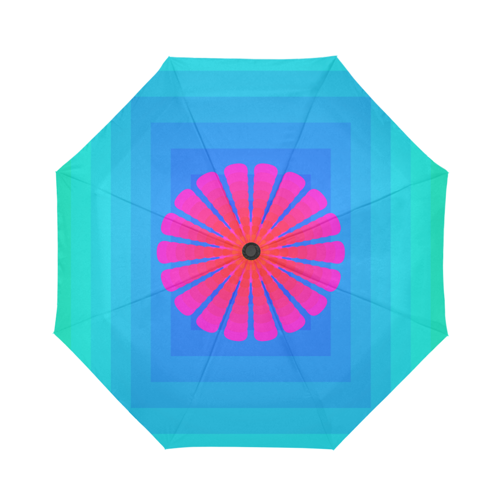 Pink flower on tirquise blue multiple squares Auto-Foldable Umbrella (Model U04)