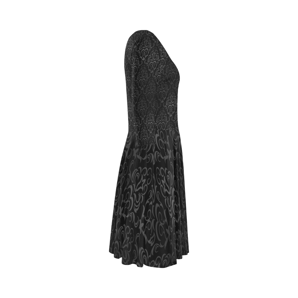 Elegant vintage floral damasks in  gray and black Elbow Sleeve Ice Skater Dress (D20)
