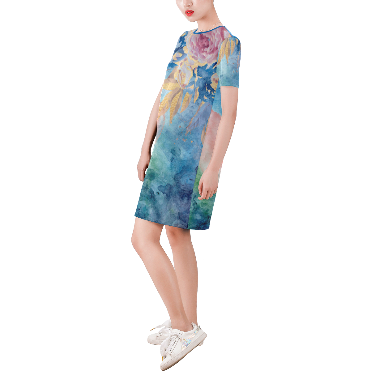 Heart and Flowers - Pink and Blue Short-Sleeve Round Neck A-Line Dress (Model D47)