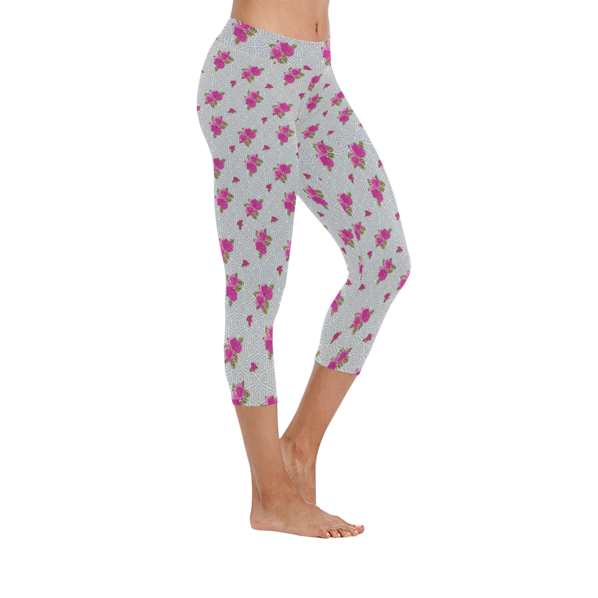 Roses and Pattern 1B by JamColors Women's Low Rise Capri Leggings (Invisible Stitch) (Model L08)