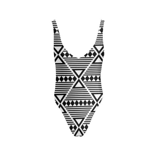 Black Aztec Tribal Sexy Low Back One-Piece Swimsuit (Model S09)