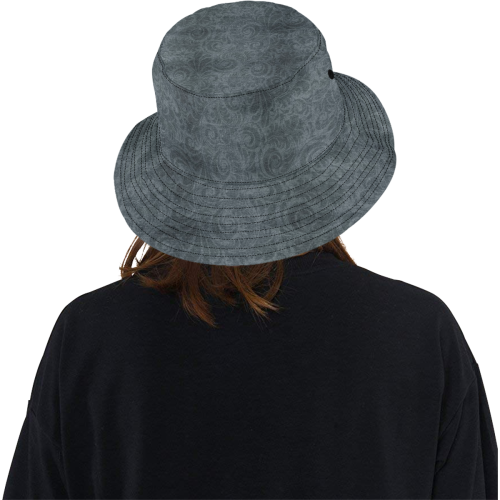 Denim with vintage floral pattern, grey, green All Over Print Bucket Hat