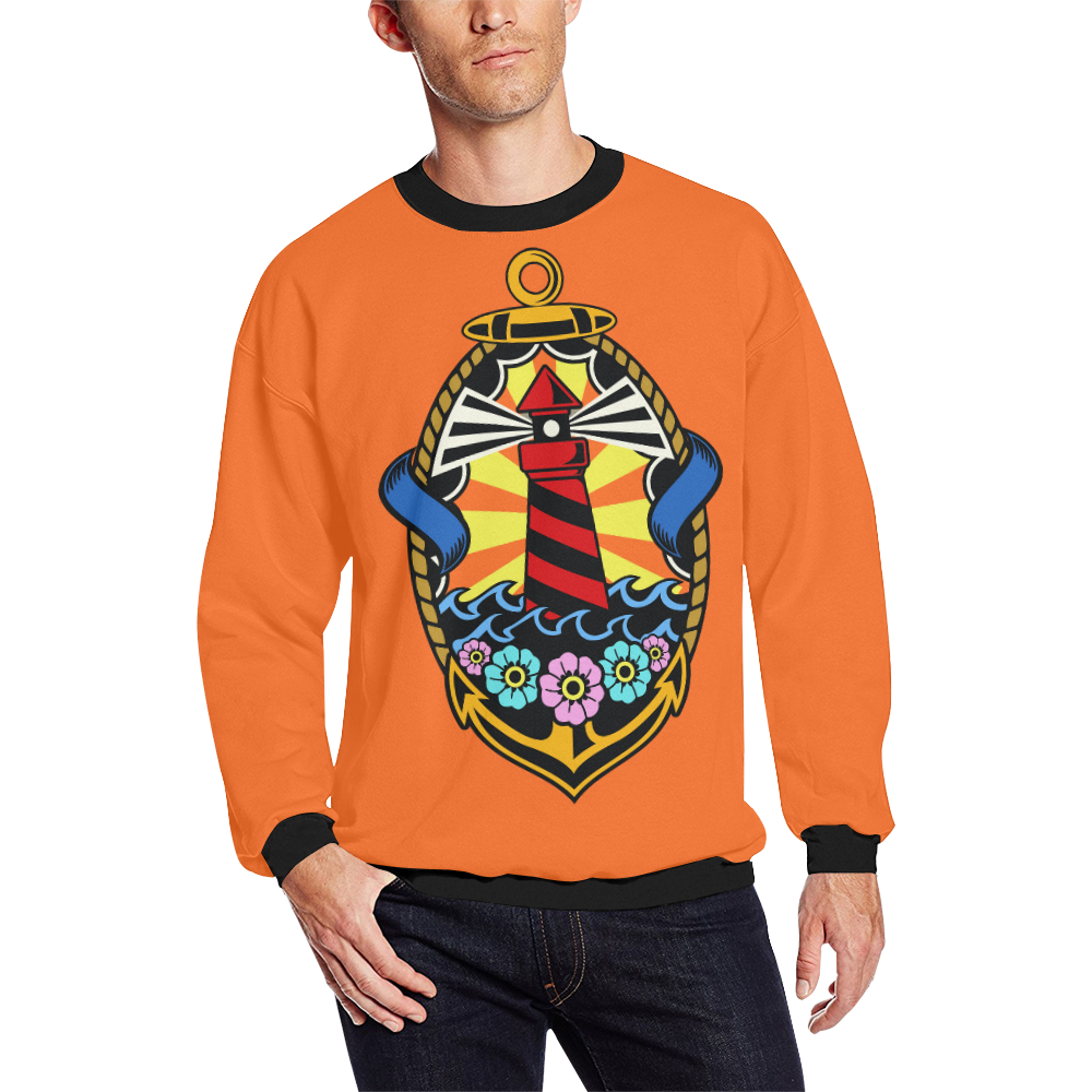 Lighthouse Modern Orange Men's Oversized Fleece Crew Sweatshirt/Large Size(Model H18)