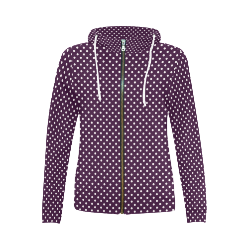 Burgundy polka dots All Over Print Full Zip Hoodie for Women (Model H14)