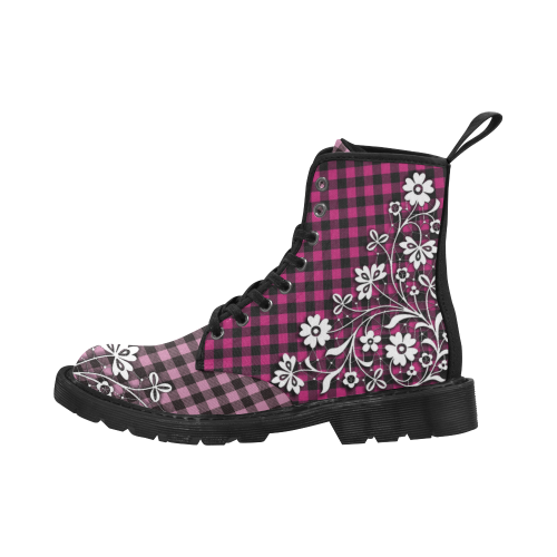 Blooming Pink Buffalo Plaid Martin Boots for Women (Black) (Model 1203H)