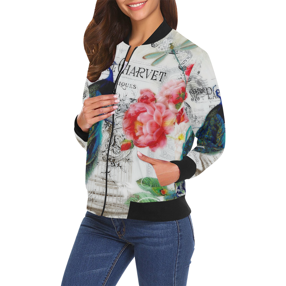 peacock and roses All Over Print Bomber Jacket for Women (Model H19)