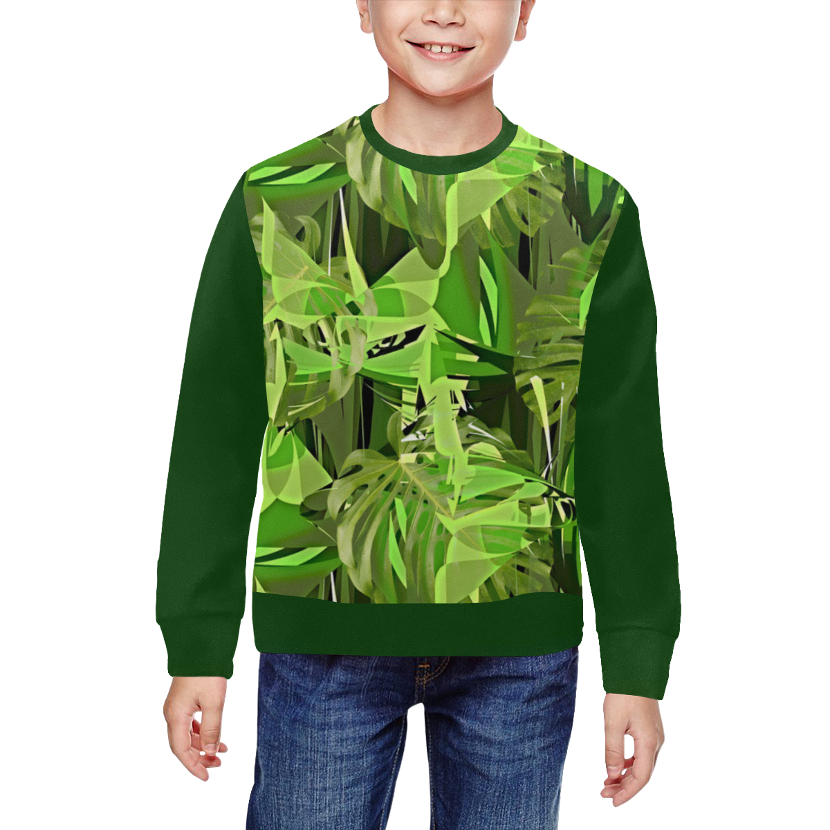 Tropical Jungle Leaves Camouflage (Vest Style) Green All Over Print Crewneck Sweatshirt for Kids (Model H29)