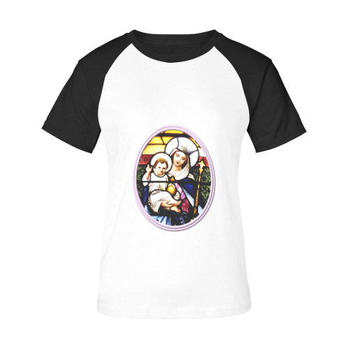 Virgin Mary & Baby Jesus Stained Glass Women's Raglan T-Shirt/Front Printing (Model T62)