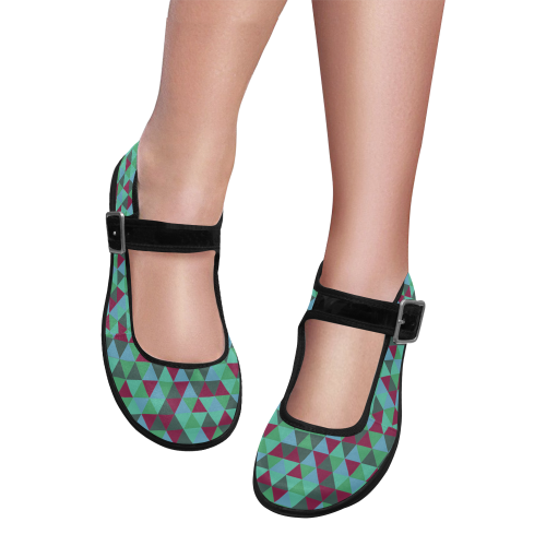 retro teal green geometric pattern Mila Satin Women's Mary Jane Shoes (Model 4808)