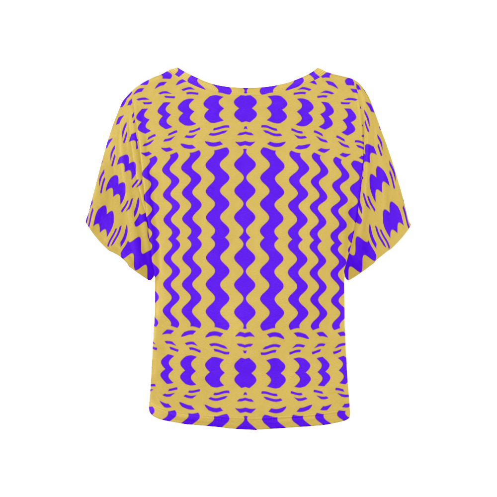 Purple Yellow Modern  Waves Lines Women's Batwing-Sleeved Blouse T shirt (Model T44)