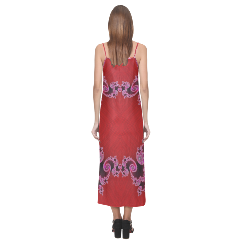Red Pink Mauve Hearts and Lace Fractal Abstract 2 V-Neck Open Fork Long Dress(Model D18)