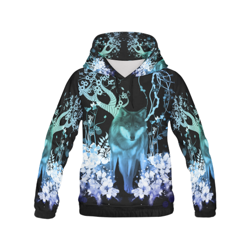 Awesome wolf with flowers All Over Print Hoodie for Women (USA Size) (Model H13)