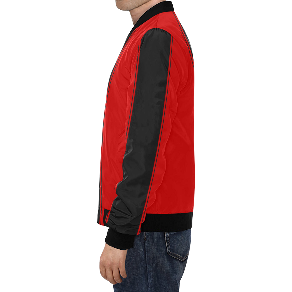Racing Stripe Center Black and Red All Over Print Bomber Jacket for Men (Model H19)