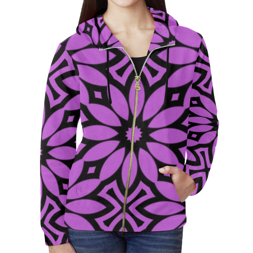 Purple/Black Flowery Pattern All Over Print Full Zip Hoodie for Women (Model H14)