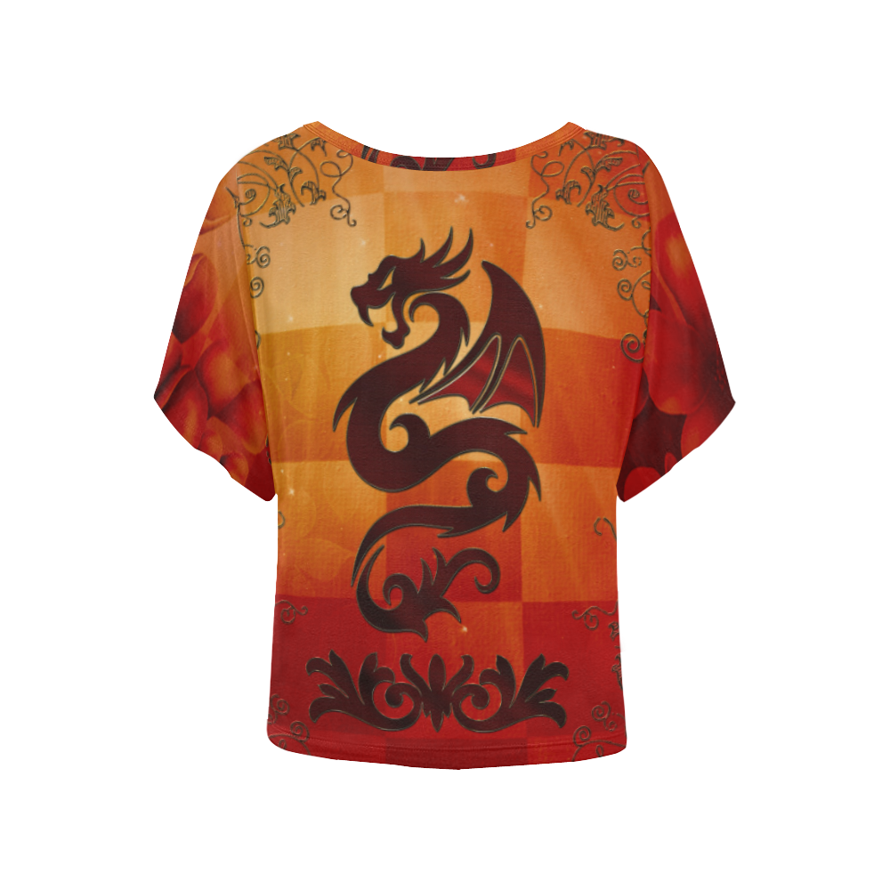 Tribal dragon  on vintage background Women's Batwing-Sleeved Blouse T shirt (Model T44)