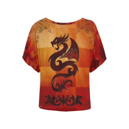Tribal dragon  on vintage background Women's Batwing-Sleeved Blouse T shirt (Model T44)