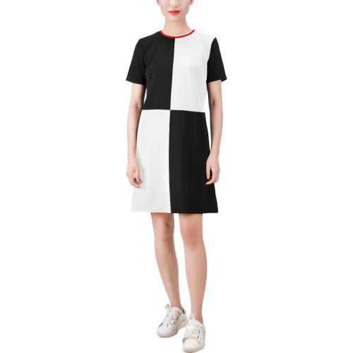 Black and White Color Block by ArtformDesigns Short-Sleeve Round Neck A-Line Dress (Model D47)