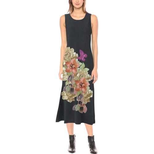 leather floweron black suede Phaedra Sleeveless Open Fork Long Dress (Model D08)