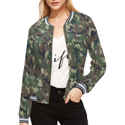 Woodland Forest Green Camouflage All Over Print Bomber Jacket for Women (Model H21)
