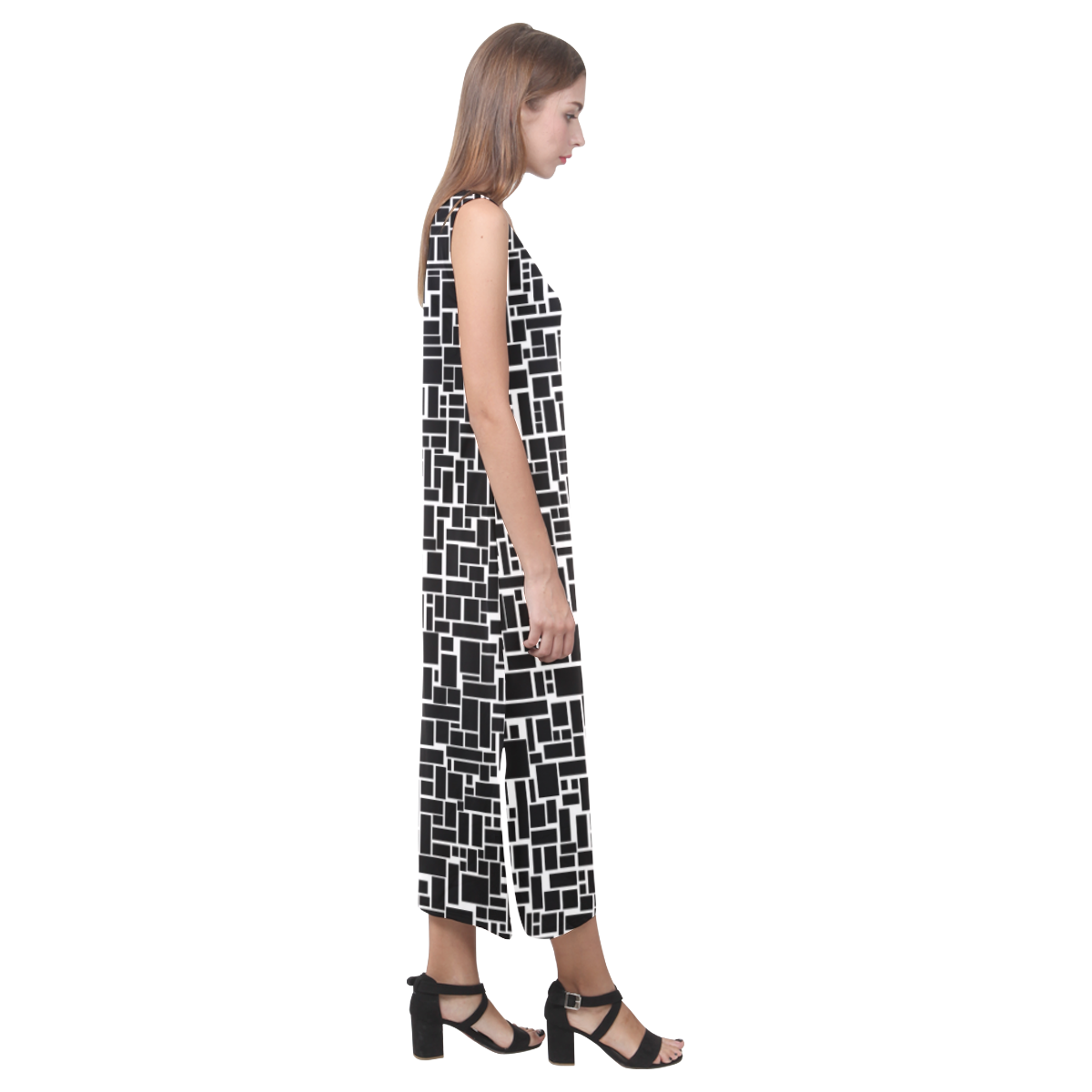 BLACK AND WHITE BOX PATTERN Phaedra Sleeveless Open Fork Long Dress (Model D08)