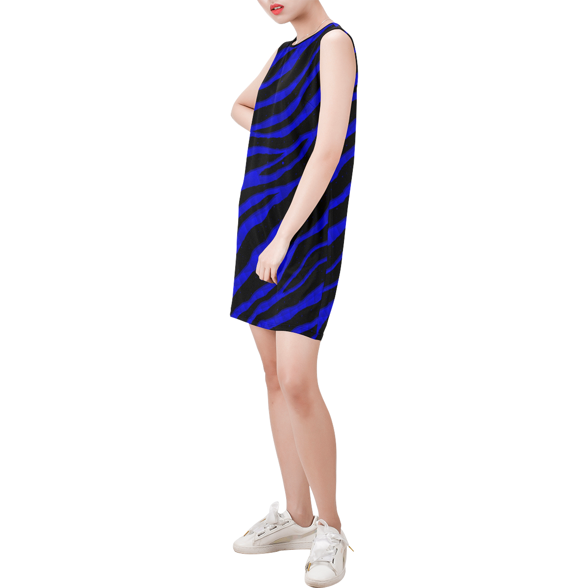 Ripped SpaceTime Stripes - Blue Sleeveless Round Neck Shift Dress (Model D51)