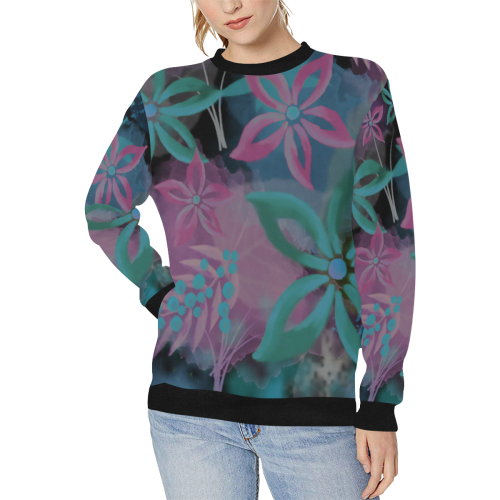 Flower Pattern - black, teal green, purple, pink Women's Rib Cuff Crew Neck Sweatshirt (Model H34)