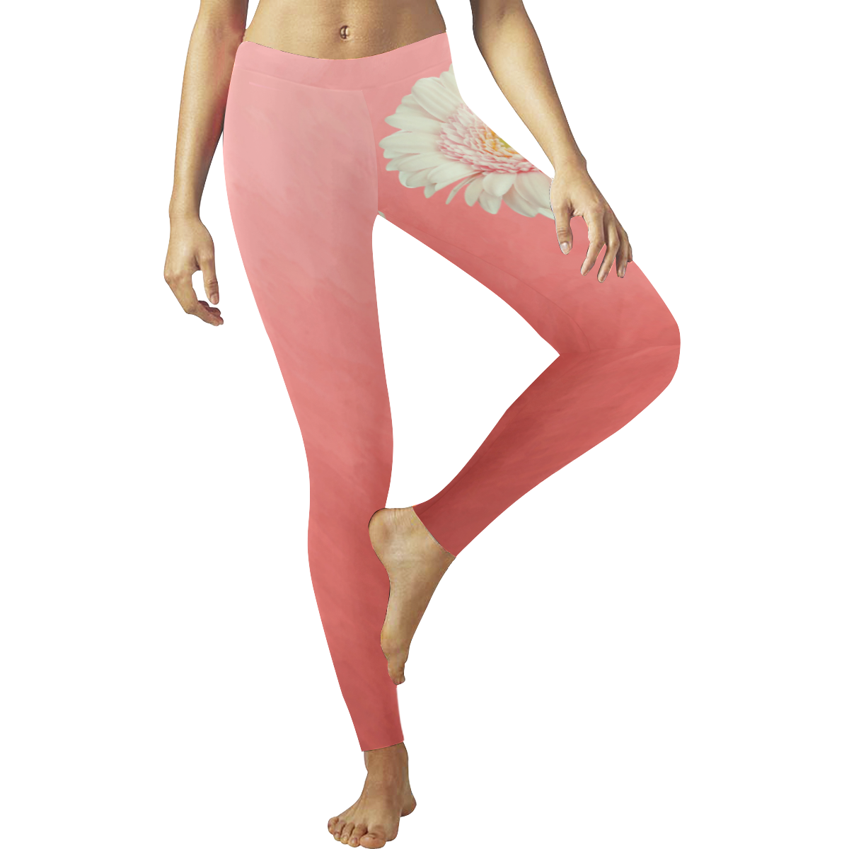 Gerbera Daisy - White Flower on Coral Pink Women's Low Rise Leggings (Invisible Stitch) (Model L05)