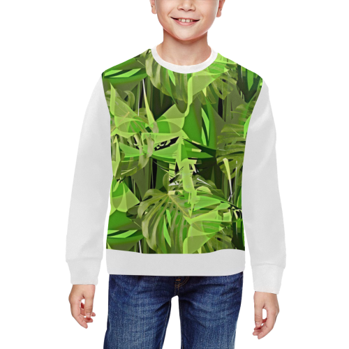 Tropical Jungle Leaves Camouflage  (Vest Style) White All Over Print Crewneck Sweatshirt for Kids (Model H29)