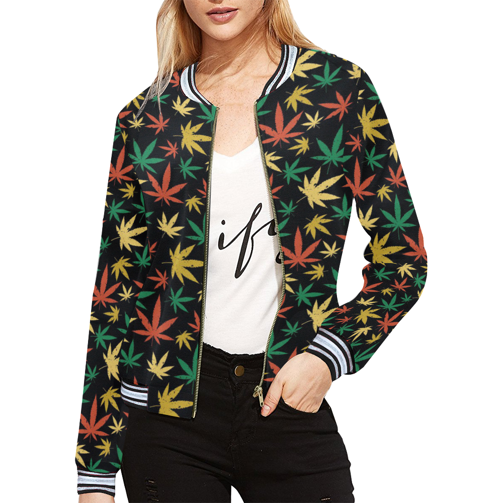 Cannabis Pattern All Over Print Bomber Jacket for Women (Model H21)