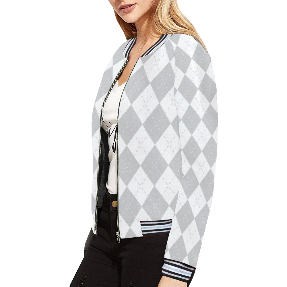 Grey and White Argyle All Over Print Bomber Jacket for Women (Model H21)