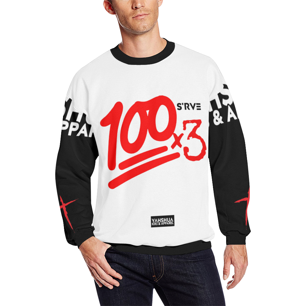100x3 (White Black) Men's Oversized Fleece Crew Sweatshirt (Model H18)