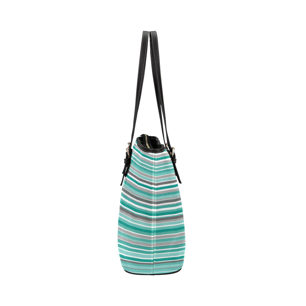 Turquoise Shades Stripes Leather Tote Bag/Small (Model 1651)