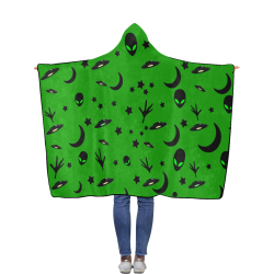 Alien Flying Saucers Stars Pattern on Green Flannel Hooded Blanket 50''x60''