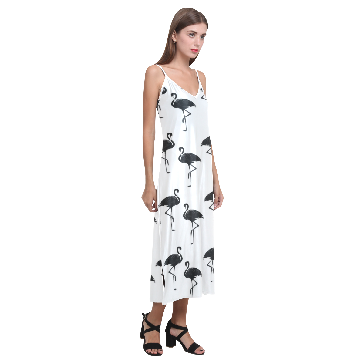 Flamingos Pattern Black and White V-Neck Open Fork Long Dress(Model D18)