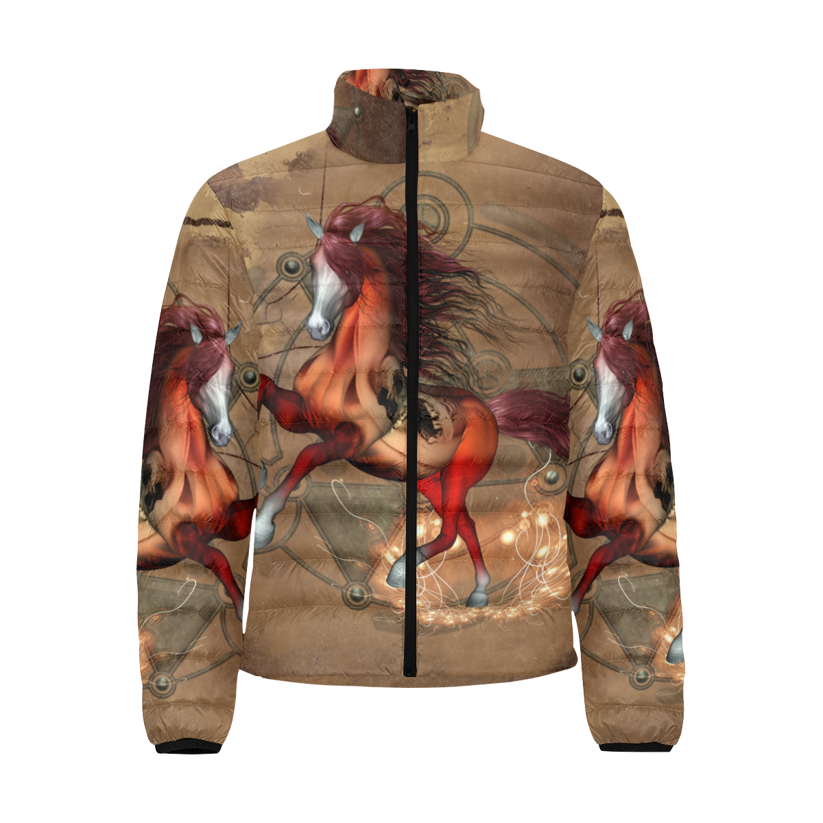 Wonderful horse with skull, red colors Men's Stand Collar Padded Jacket (Model H41)