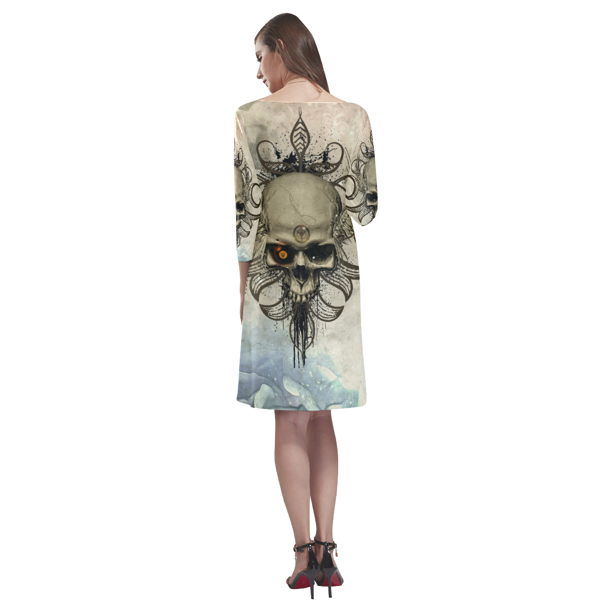 Creepy skull, vintage background Rhea Loose Round Neck Dress(Model D22)