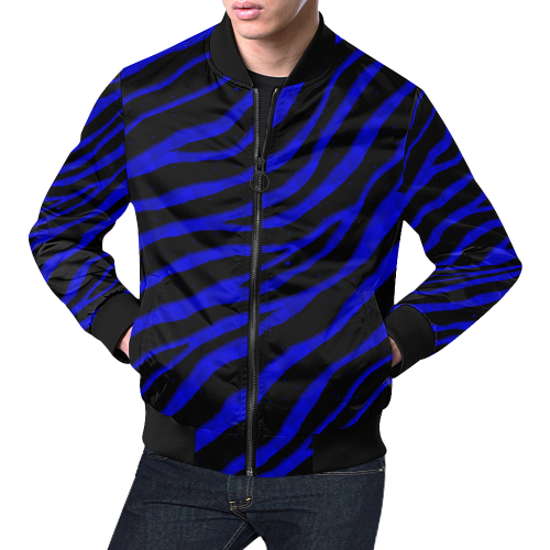 Ripped SpaceTime Stripes - Blue All Over Print Bomber Jacket for Men (Model H19)