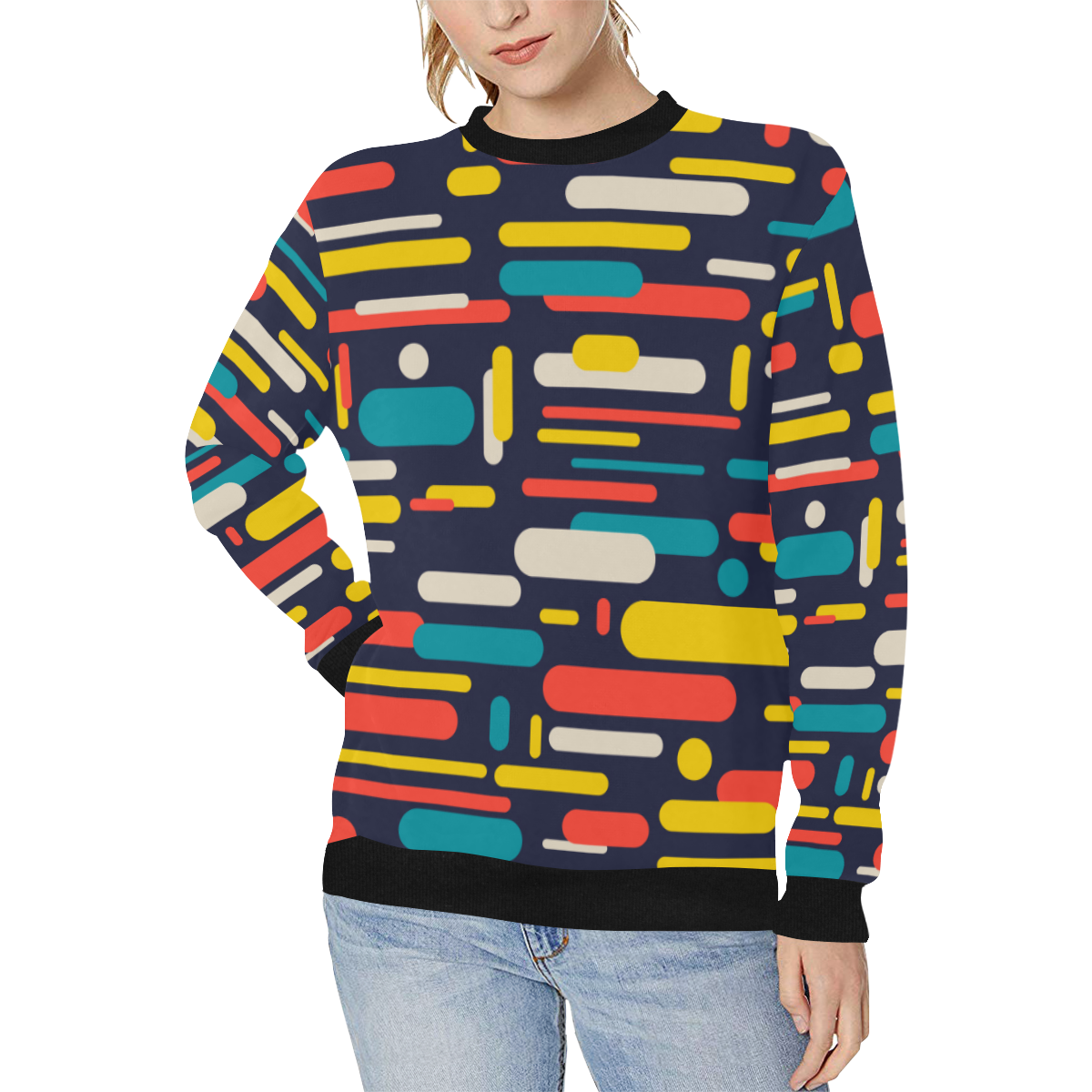 Colorful Rectangles Women's Rib Cuff Crew Neck Sweatshirt (Model H34)