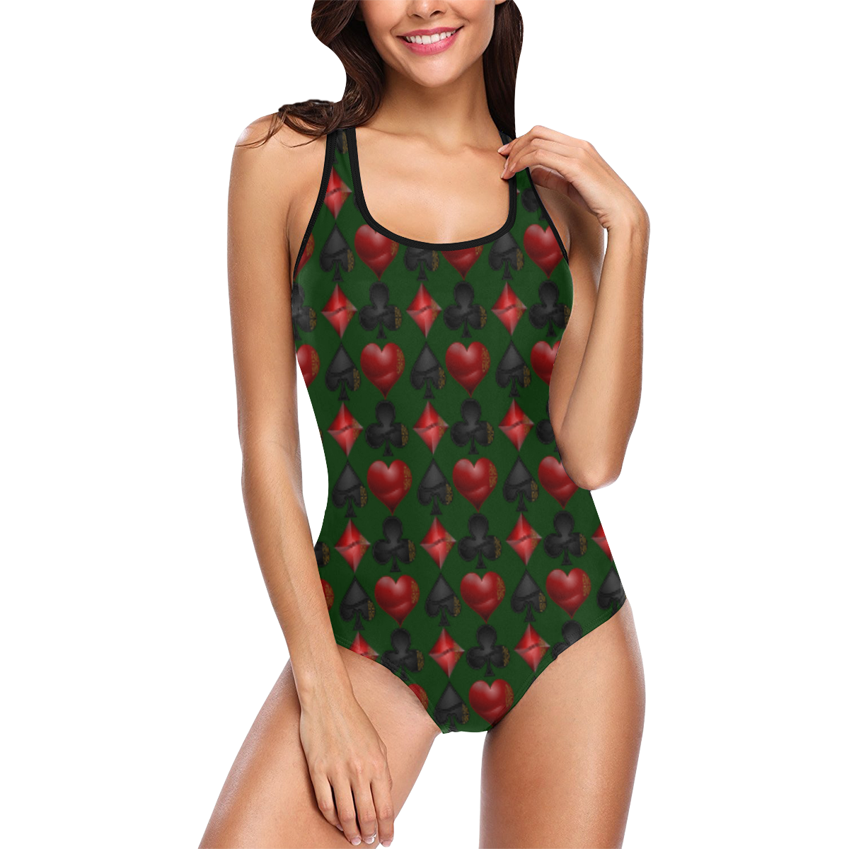 Las Vegas Black and Red Casino Poker Card Shapes on Green Vest One Piece Swimsuit (Model S04)