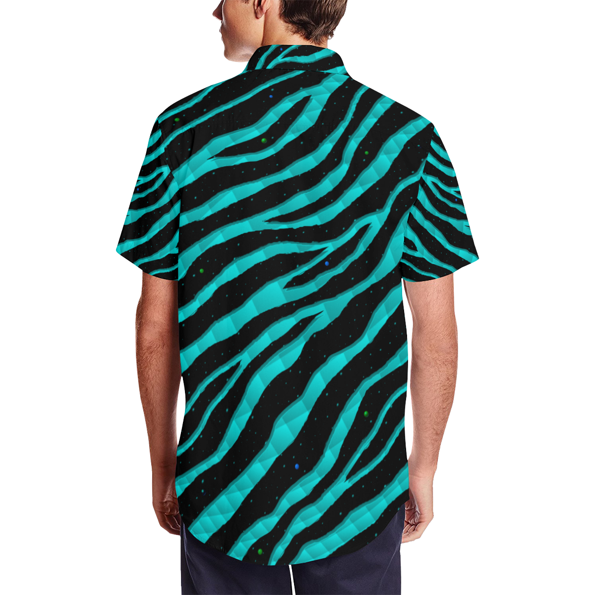 Ripped SpaceTime Stripes - Cyan Men's Short Sleeve Shirt with Lapel Collar (Model T54)
