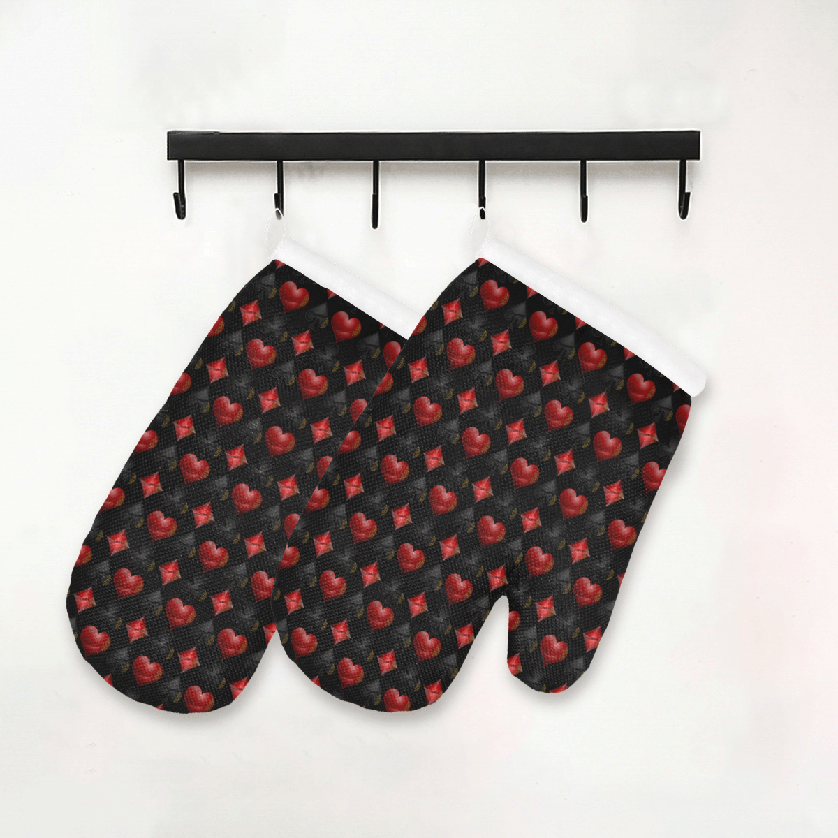 Las Vegas Black and Red Casino Poker Card Shapes on Black Oven Mitt (Two Pieces)