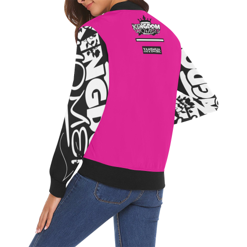 Neon Pink/Black All Over Print Bomber Jacket for Women (Model H19)