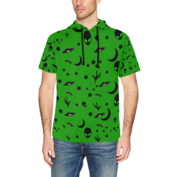 Alien Flying Saucers Stars Pattern on Green All Over Print Short Sleeve Hoodie for Men (Model H32)