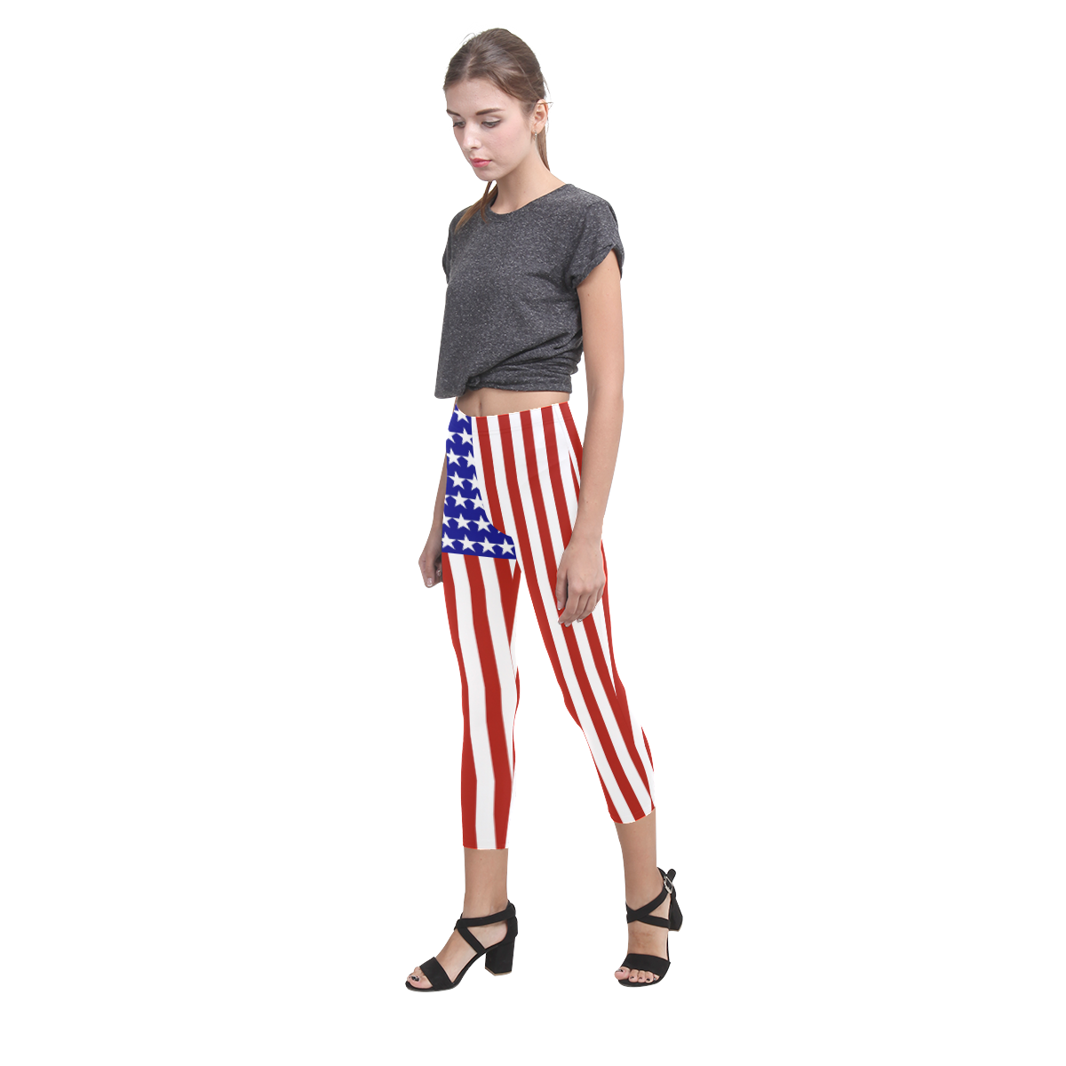 USA Patriotic Red & White Stripes Capri Legging (Model L02)